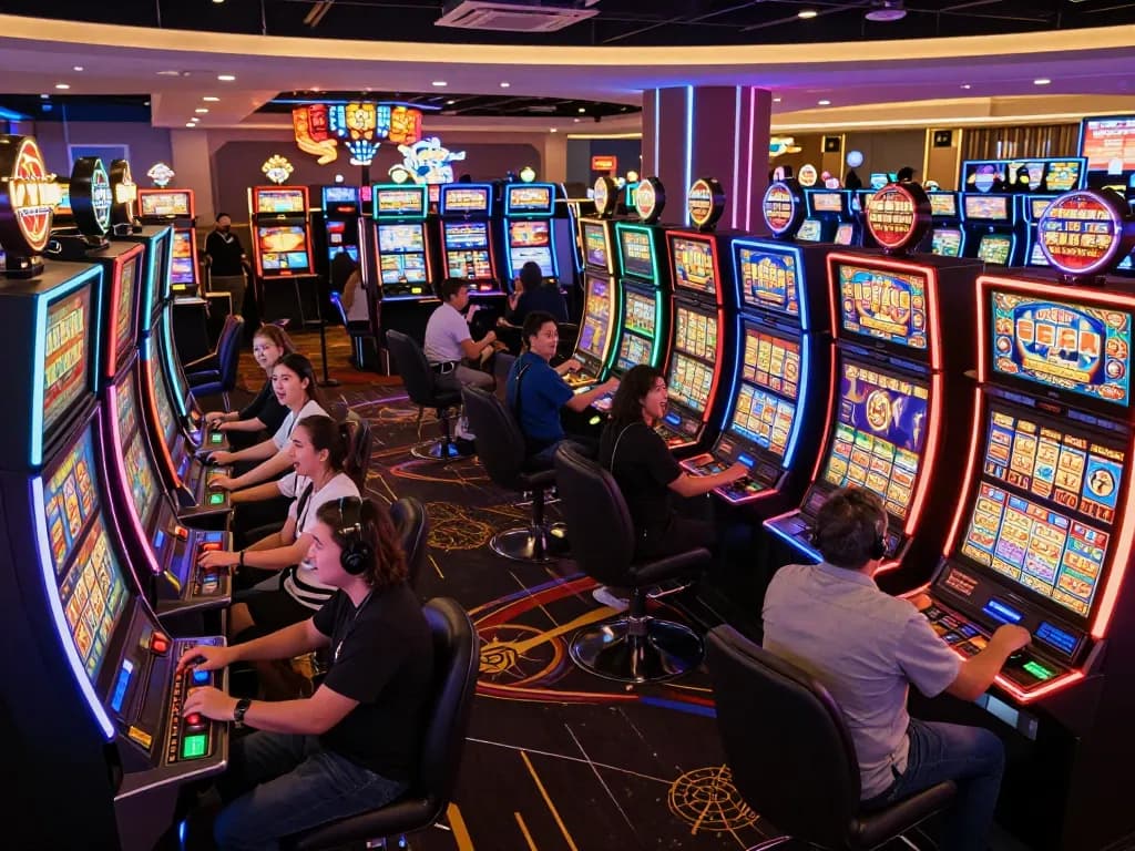 Situs slot gacor excitement as players enjoy vibrant slot machines in a modern casino atmosphere.