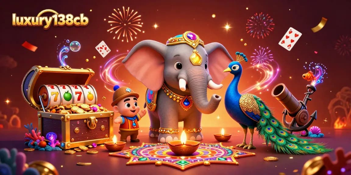 Experience thrilling games on luxury138cb, featuring festive characters, slots symbols, and dynamic casino elements.