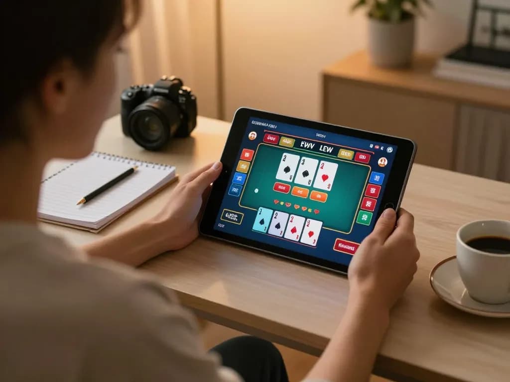 Engaging scene with link 789win displayed on a tablet for online blackjack gaming, cozy home atmosphere promoting responsible gambling.