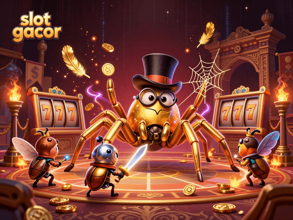 Engage with the excitement of slot gacor featuring a golden tarantula and beetle knight amidst dynamic casino elements.