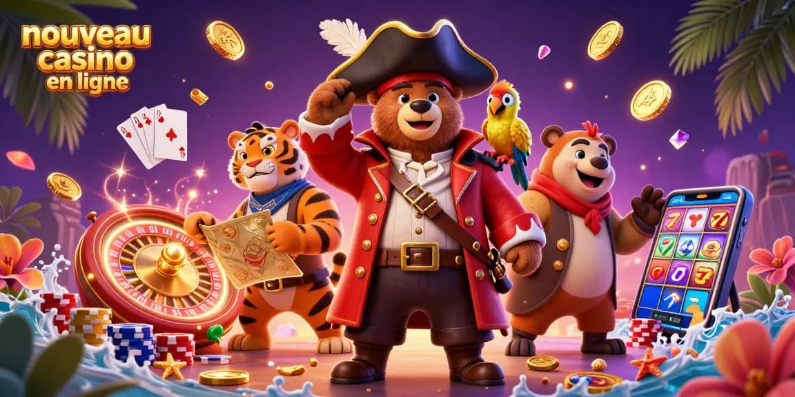Plongez dans l'univers du nouveau casino en ligne avec un ours pirate à la mode, un tigre et un perroquet dans une scène dynamique de jeux d'argent.