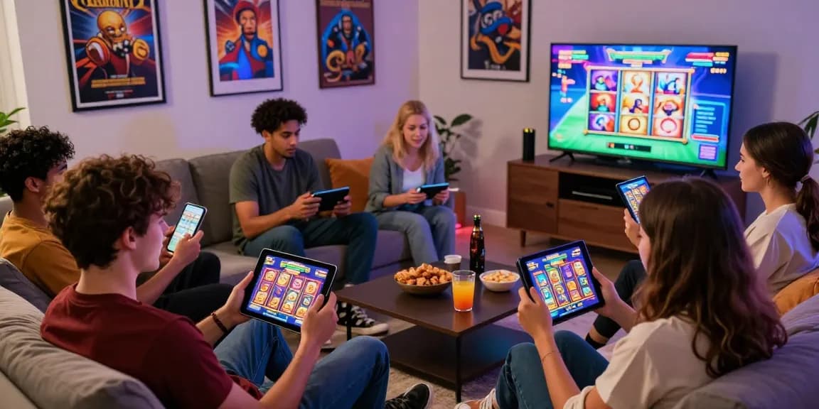 Friends experiencing the excitement of slot games online together in a vibrant living room.