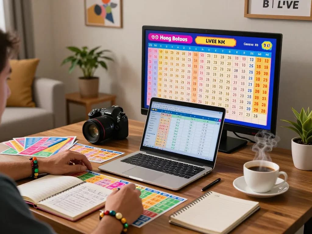 Engaged togel player analyzing Data HK while watching live lottery draw, cozy home atmosphere.