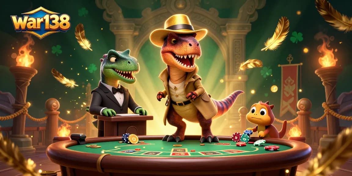 Experience thrilling blackjack action at WAR138 with a velociraptor card counter, as a stegosaurus pit boss watches closely.