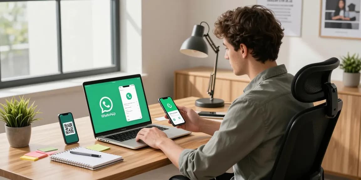 Professional workspace showing WhatsApp網頁版 interface on a laptop during productive work.