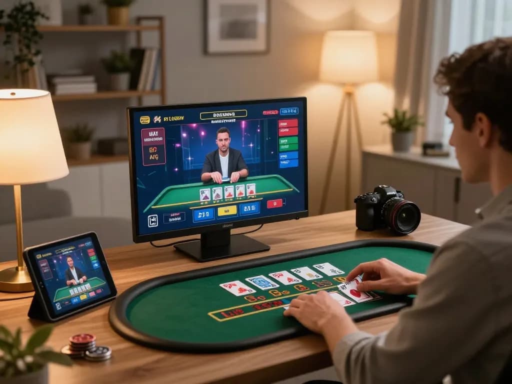 An engaged player at their online casino setup, demonstrating responsible gameplay while using nhacaiuytinn for strategy insights.