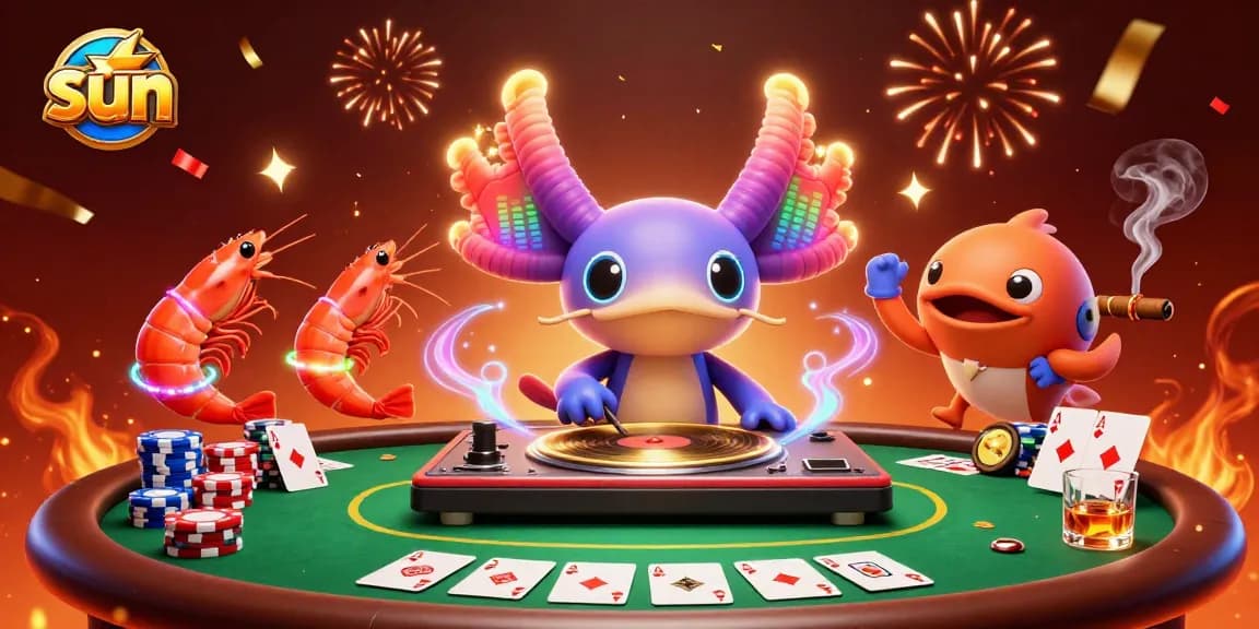 Gamble with excitement as the sun-inspired DJ axolotl spins records amidst vibrant casino elements.
