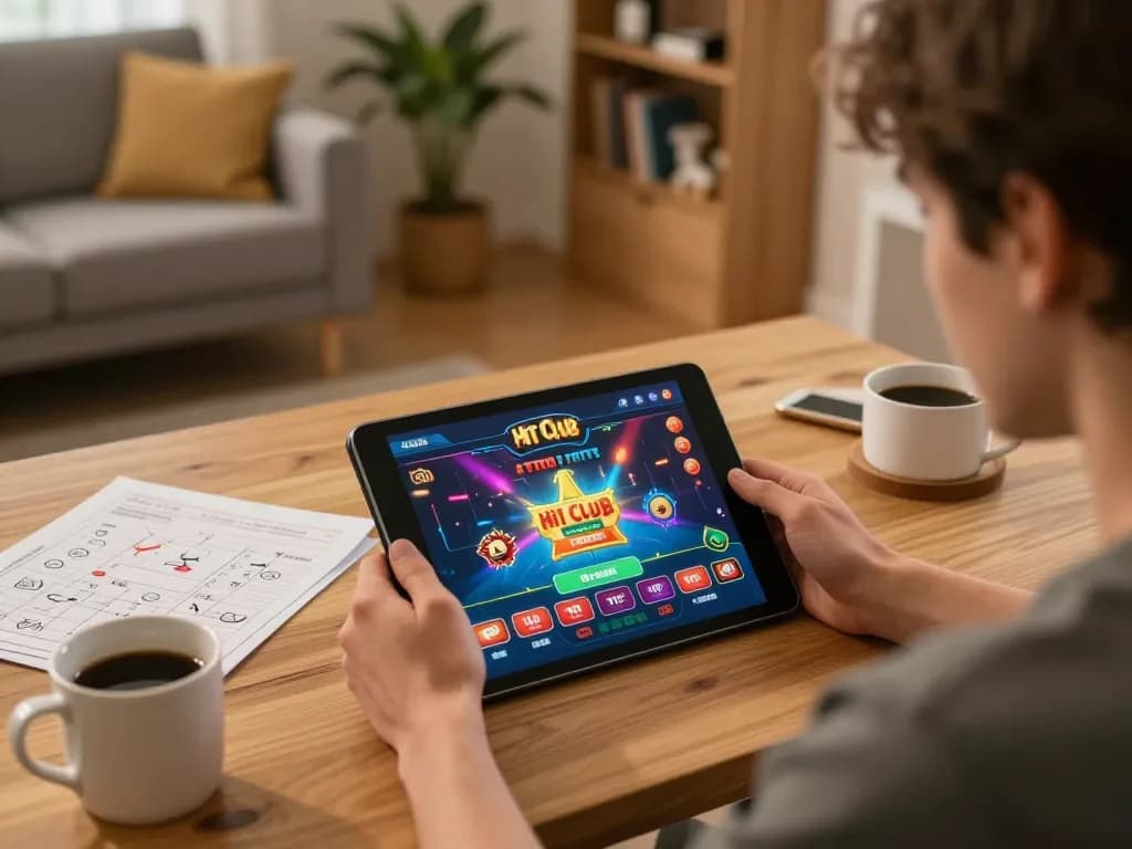 Engaged player using the Hit Club app for online casino gaming in a cozy setting