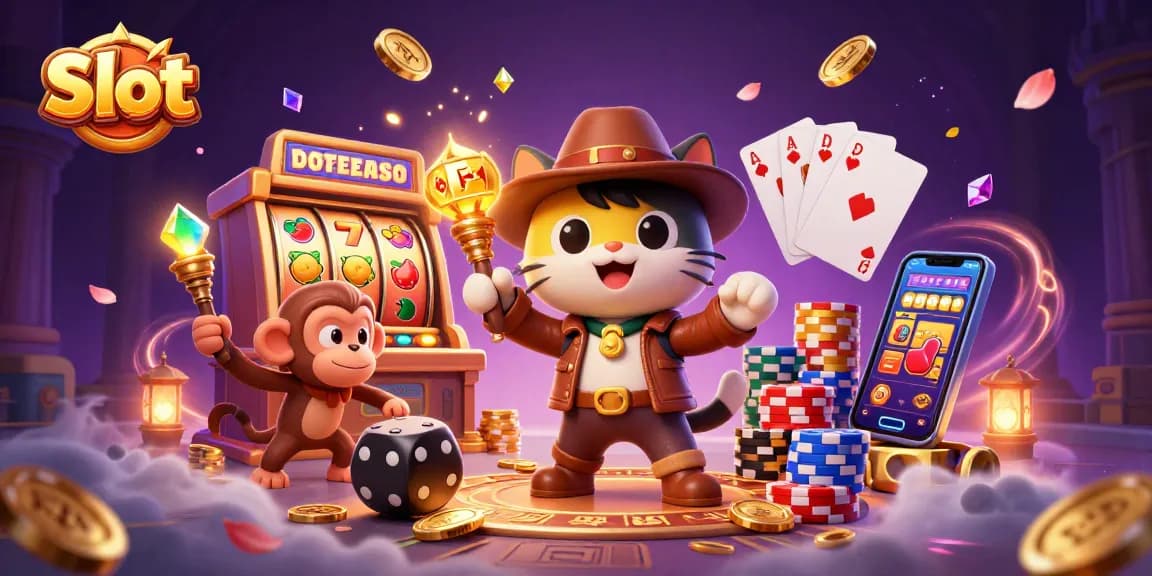 Engaging slot-themed illustration with a cat archaeologist and a monkey companion discovering casino treasures.