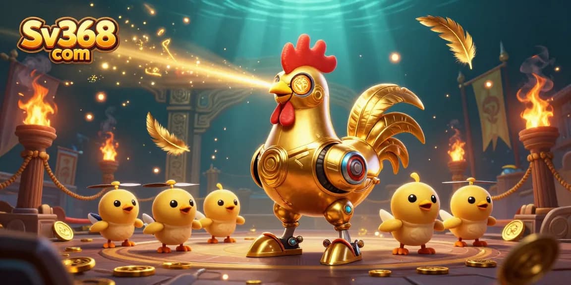 Engage with thrilling gameplay at Sv368 com, featuring a dynamic golden rooster robot in a casino adventure.