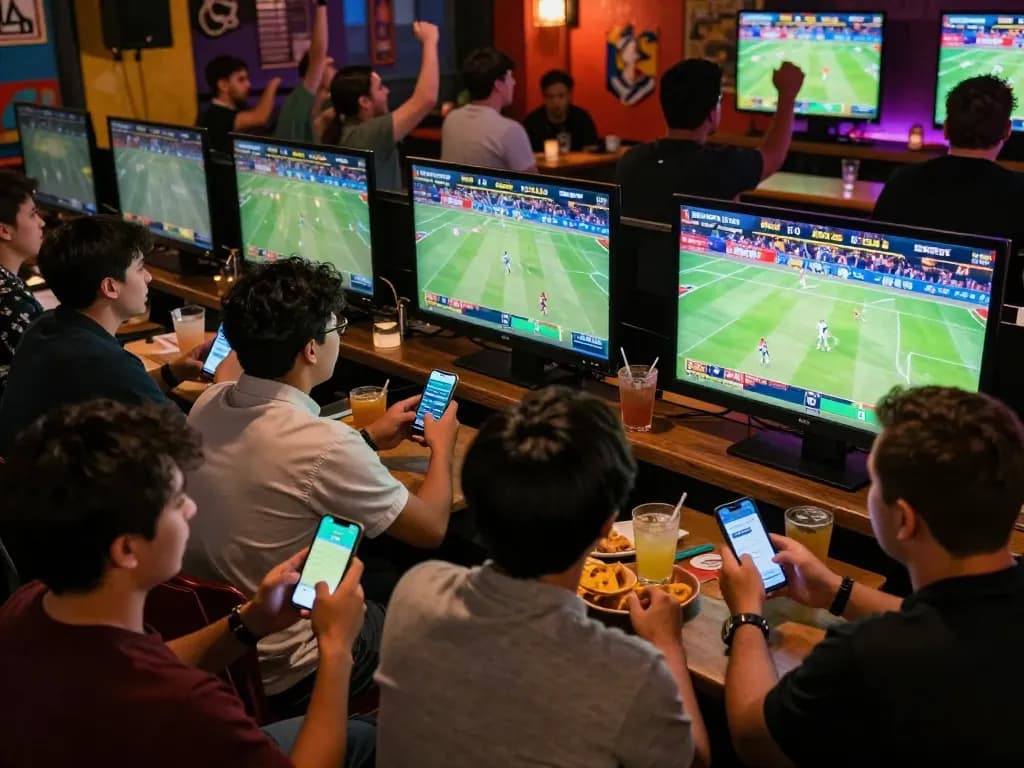 RR88 engaging bettors strategizing their wagers in a lively sports bar atmosphere.