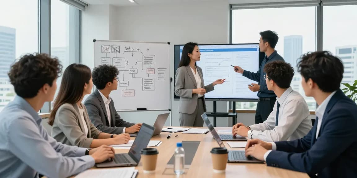 Team collaboration in an MBM-focused corporate meeting, showcasing innovative strategies and professional dynamics.
