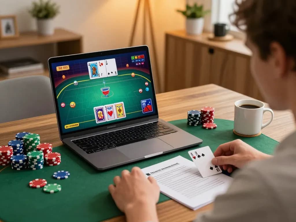 Pemain poker Jalatogel menyusun strategi untuk menang online dalam pengaturan rumah yang nyaman dengan chip dan uang tunai.