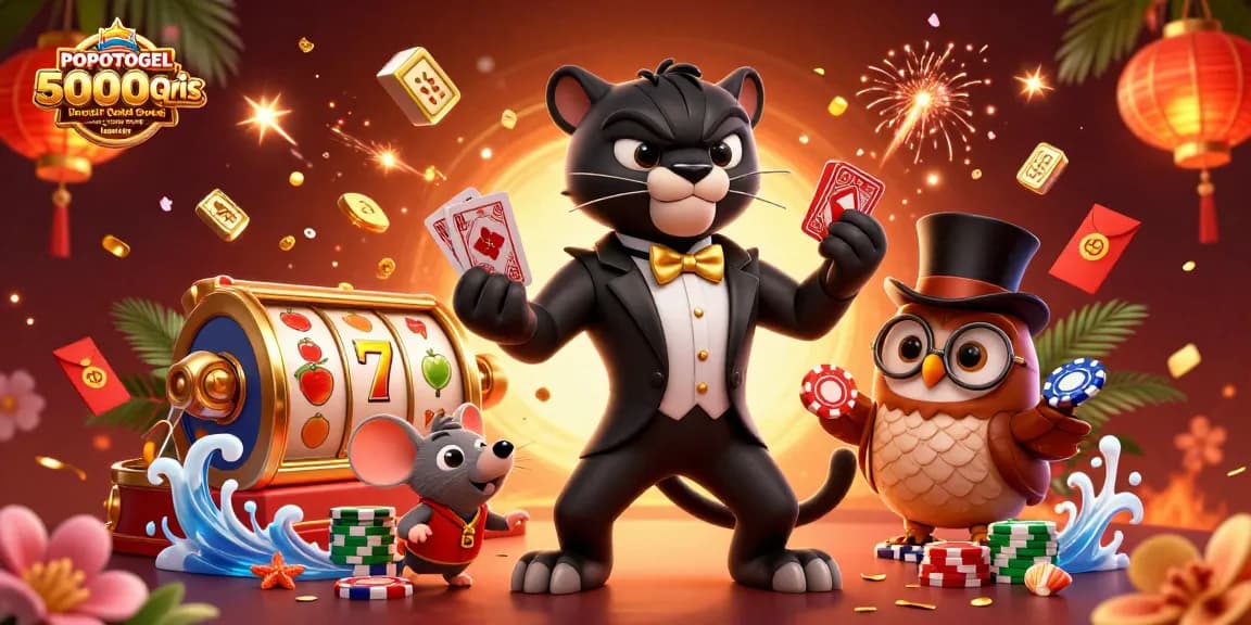 Engage with POPOTOGEL Situs Slot Gacor 5000 Qris Deposit Dana Gampang Jp x1000 Hari In through a lively scene with a black panther, owl, and mouse.