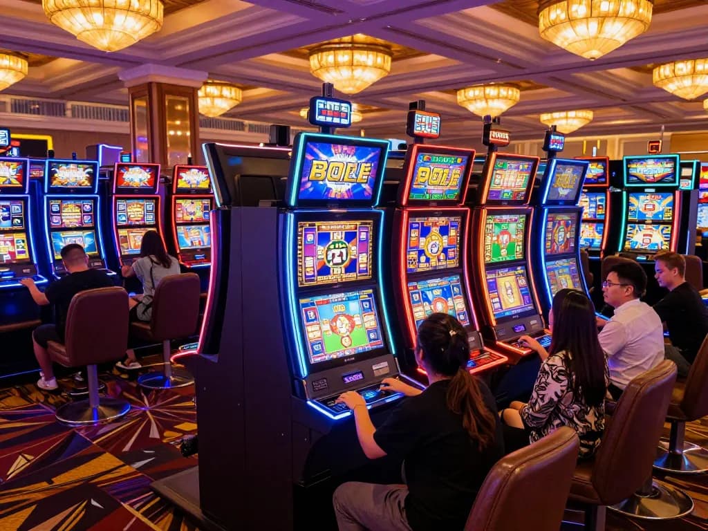 Players enjoying slot machines with vibrant displays in a luxurious casino area