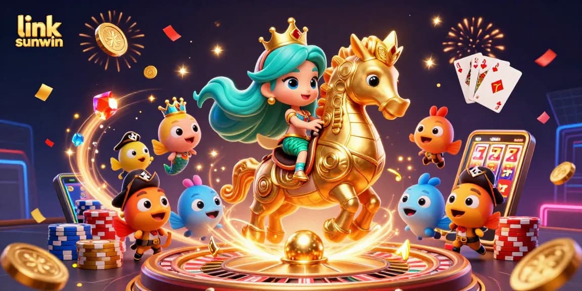 Experience the thrill of games with link sunwin in this vibrant 3D casino scene filled with mermaids, colorful fish, and celebrating confetti.