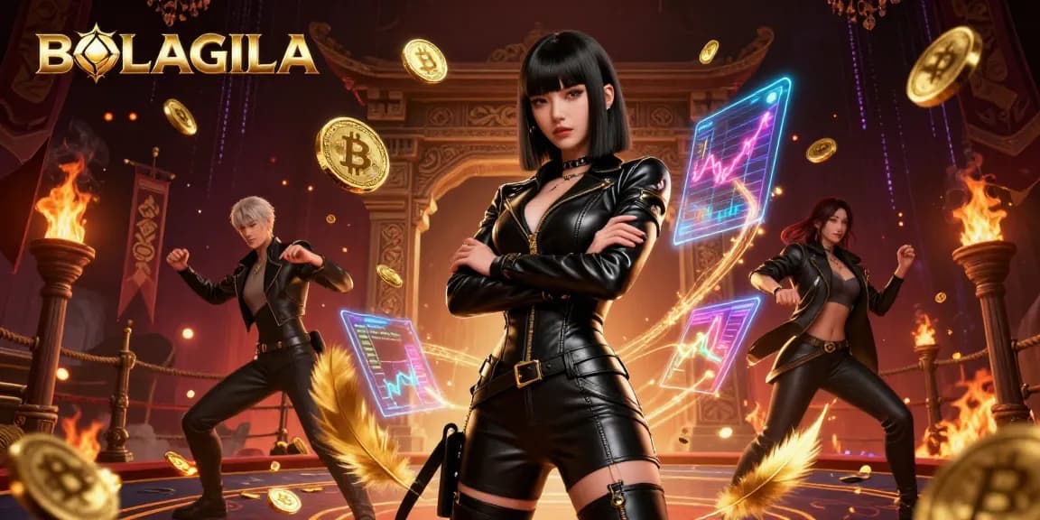 BOLAGILA showcases a powerful Asian woman in a dynamic 3D casino scene filled with gold coins and gaming elements.