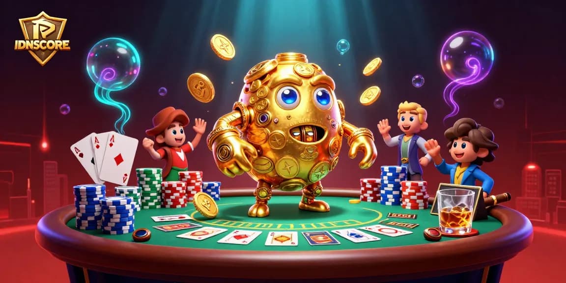 Experience thrilling gaming excitement with IDNSCORE's vibrant casino golem surrounded by poker elements.