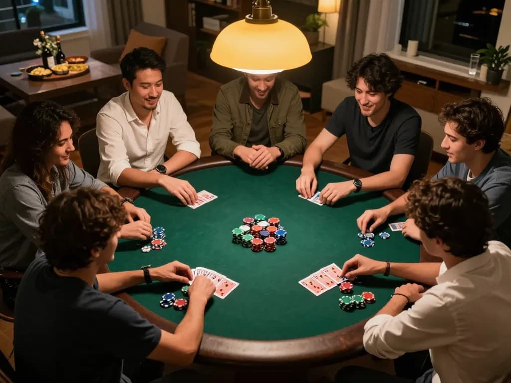 Engaged players at a poker game night showcasing ALO8 strategies in a cozy home setting