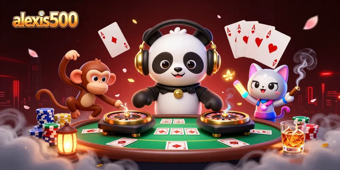 Engage with alexis500 in a vibrant 3D casino scene featuring a DJ panda and gaming elements.