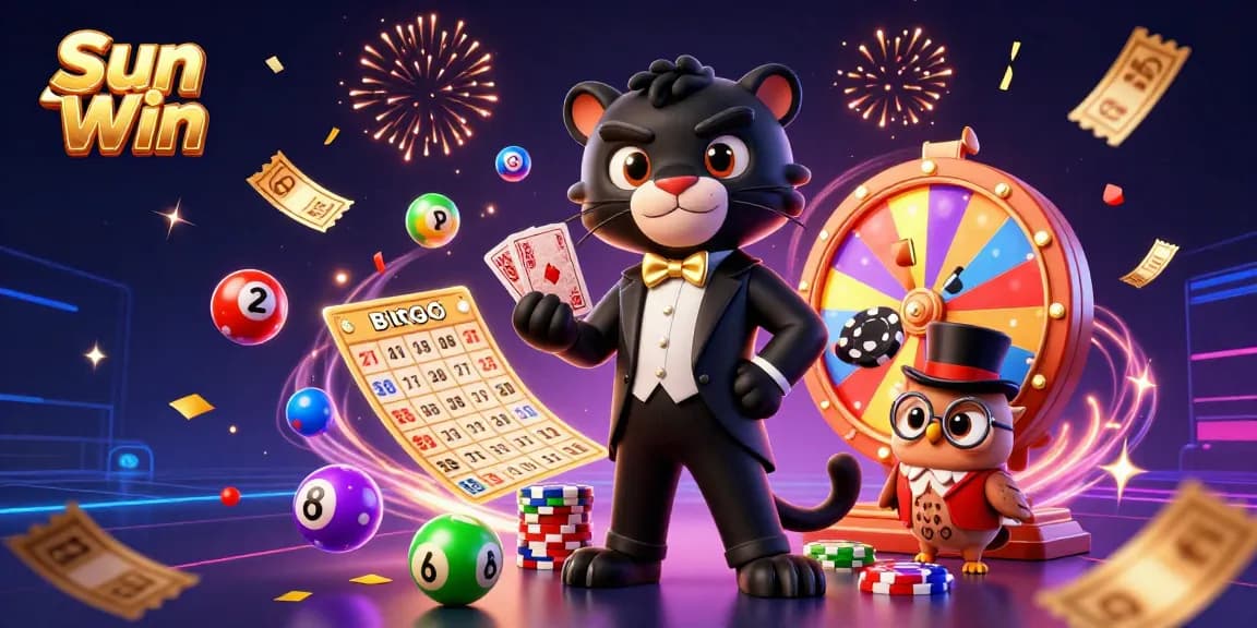 Engage with Sun Win's thrilling gaming experience featuring a stylish panther dealer, cheerful owl with poker chips, and lucky mouse amidst a vibrant casino scene.