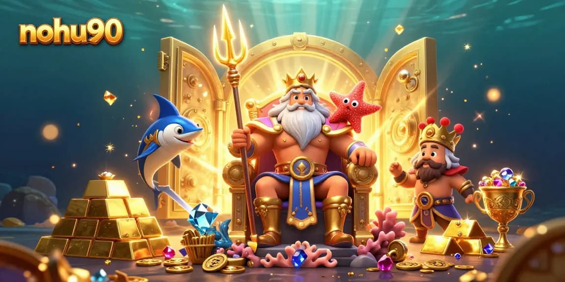 Experience the thrill of gaming at nohu90 with vibrant underwater visuals of Neptune and treasure.