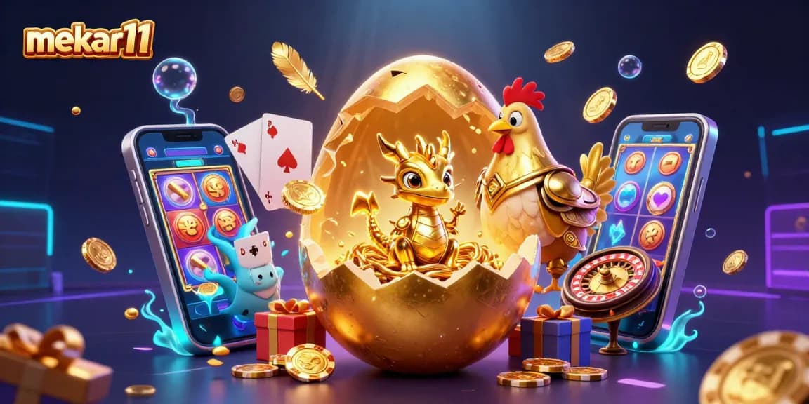 Engage with mekar11's gaming excitement as a golden dragon guards treasures and slot games glow bright.