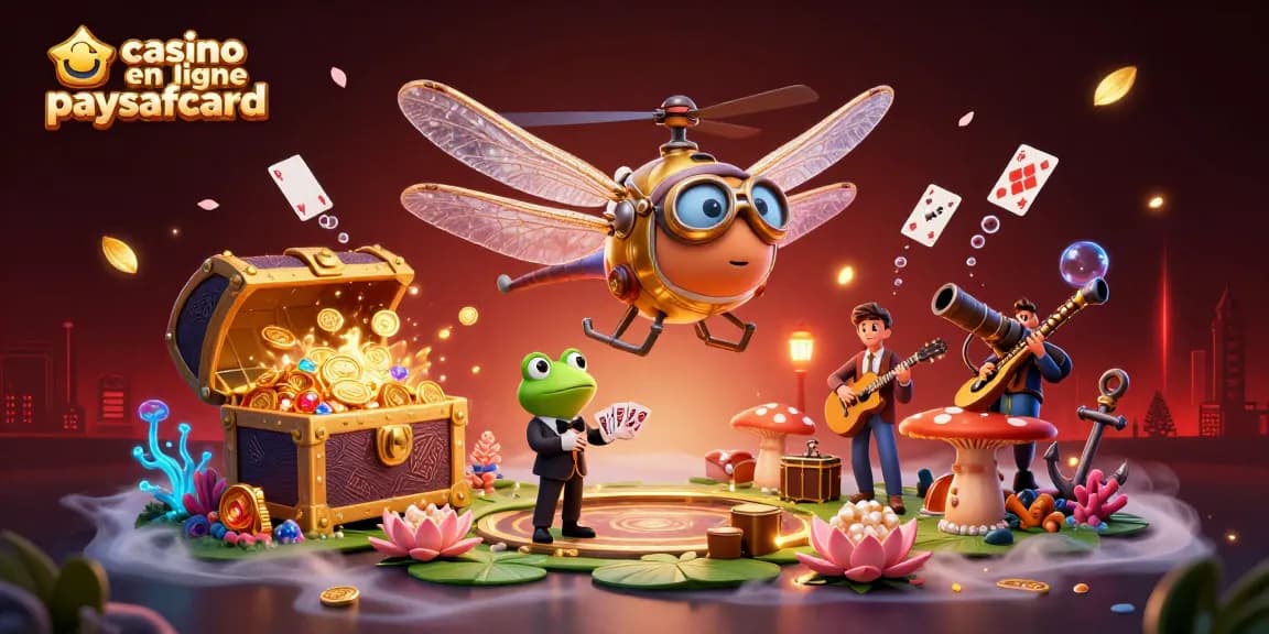 Joue au casino en ligne paysafecard, une scène vibrante avec un pilote libellule, un croupier grenouille et des musiciens.