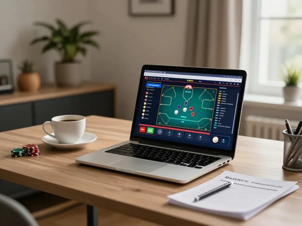 Engaged player strategizing on a situs gacor poker game interface at home, reflecting responsible gambling.