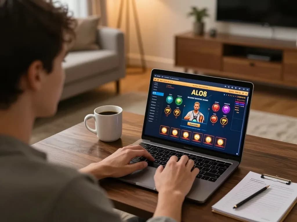 Player engaging with ALO8 online casino on laptop, showcasing strategic gameplay in a cozy home setting.