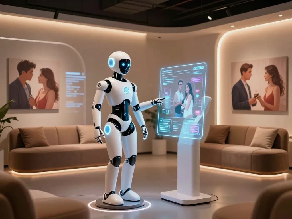 AI sex bot in a futuristic showroom with interactive displays, showcasing innovative technology and user engagement.
