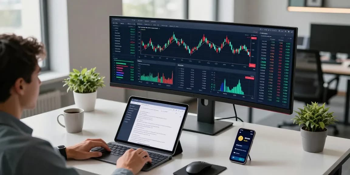 Cricbet trading environment with advanced crypto charts and digital wallets in a high-tech office.