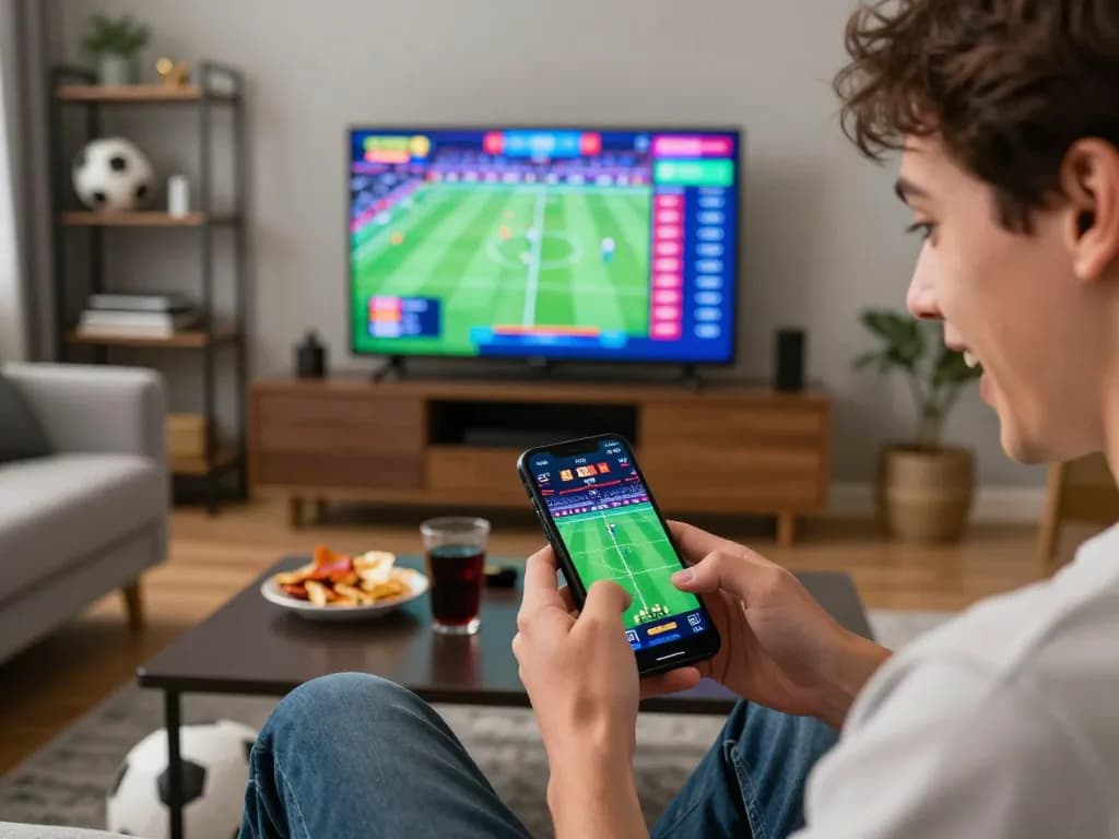 Engaged player using nhandinhkeonhacai app for live sports betting in a cozy home