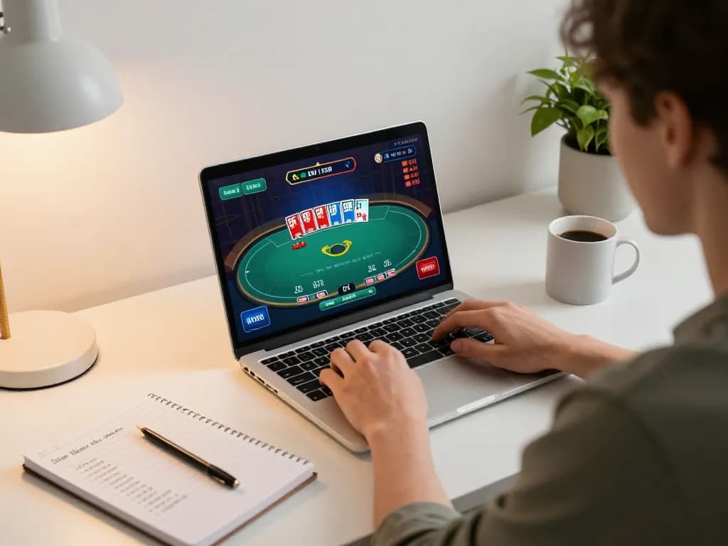 Engaging with the online gaming experience on siapbos88, showcasing a personalized gaming setup with poker action on laptop.