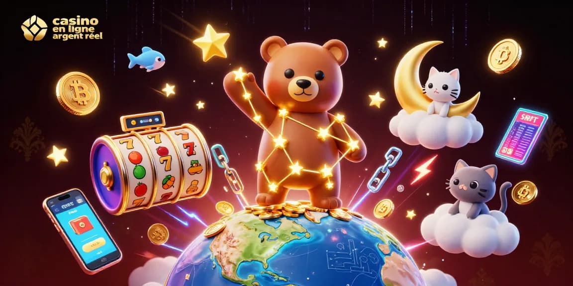 Illustration d'un casino en ligne argent réel avec un ours en constellation et des pièces dorées.