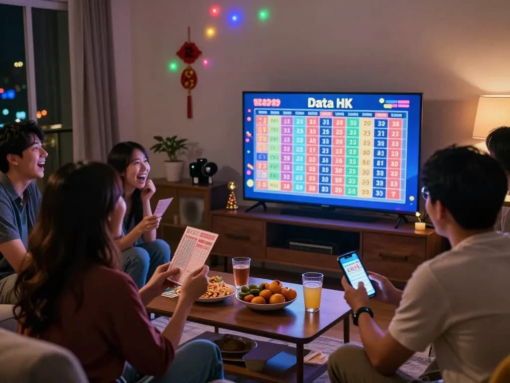 Friends eagerly watching Data HK live draw in a vibrant lottery atmosphere.