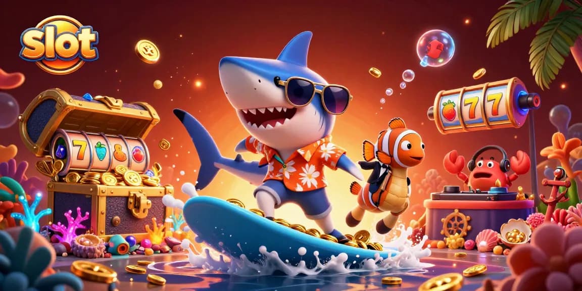 Slot yang menarik, dengan hiu kartun dan elemen kasino lainnya dalam ilustrasi berwarna-warni.