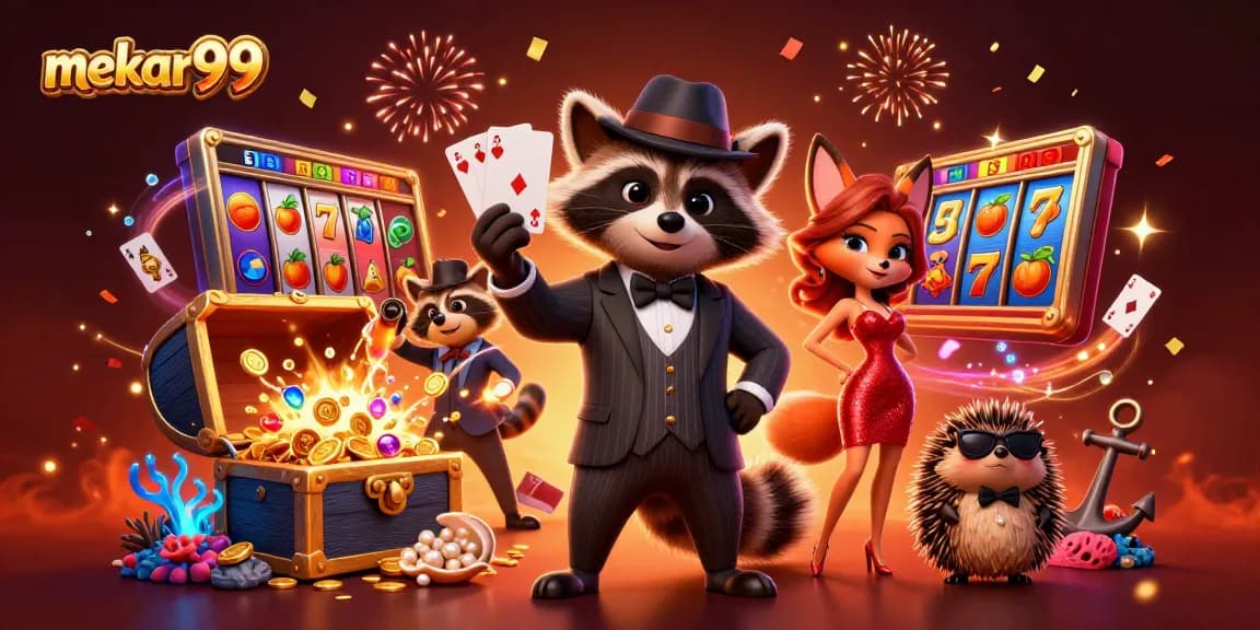 Experience winning strategies with mekar99 as a suave raccoon and elegant fox celebrate at an engaging casino.