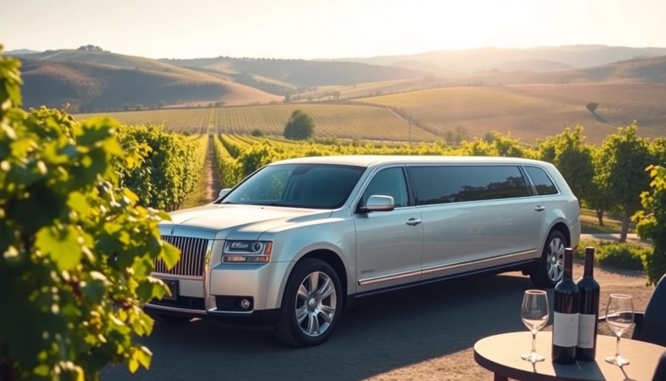 Experience the luxury of a wine tour limo service parked amidst stunning vineyards.