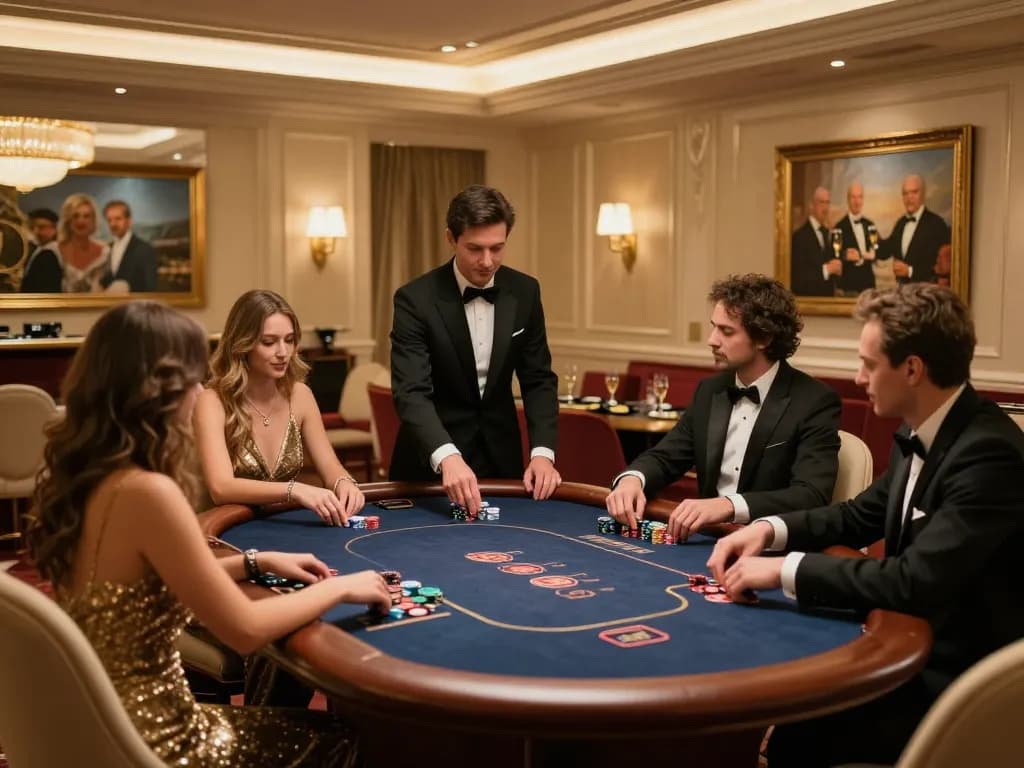 King33 players at a high-stakes poker table enjoying a thrilling game in a luxurious casino.