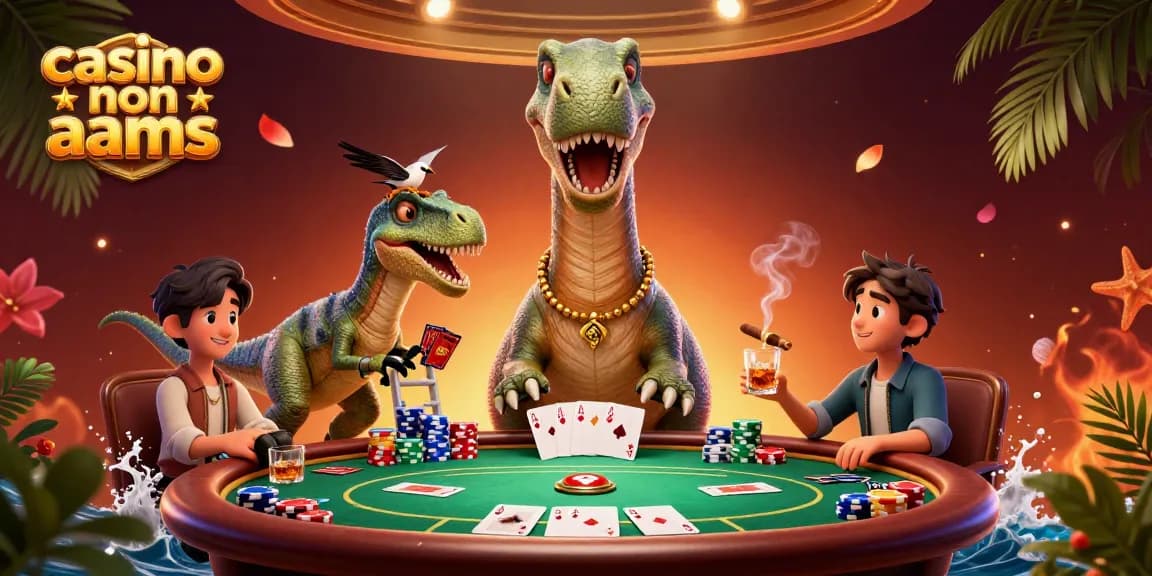 Giocando nel casinò non AAMS, il brontosauro gigantesco osserva un tavolo di poker in un'illustrazione vivace.