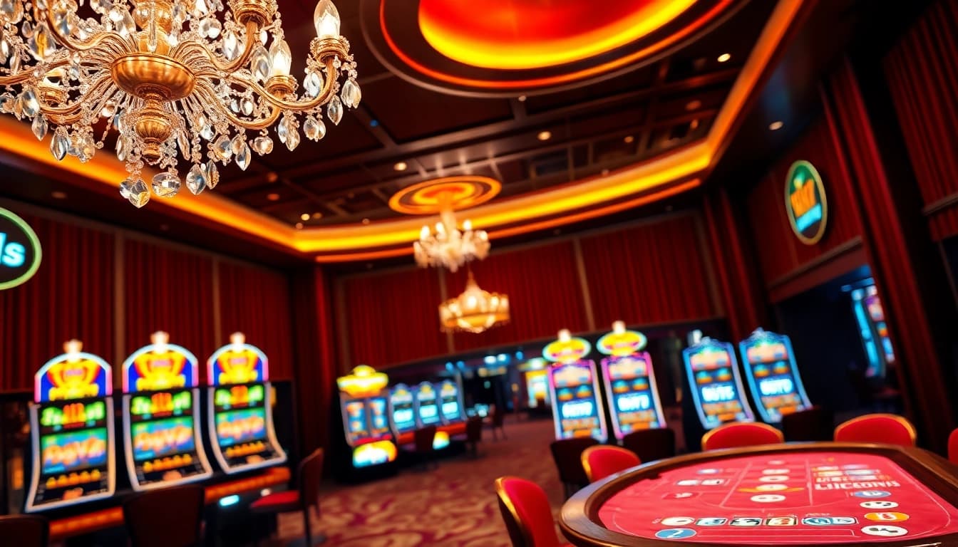 bbni4d memperlihatkan suasana kasino yang mewah dengan mesin slot berwarna-warni dan dekorasi velvet merah.