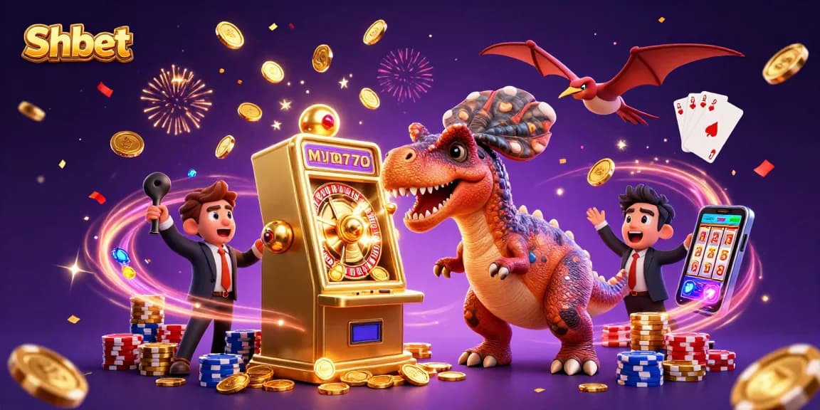 Shbet casino scene with dinosaur winning jackpot coins and flying rewards, highlighting excitement and action