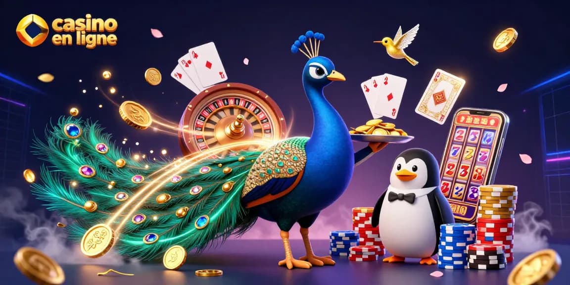 Jouez au casino en ligne avec un paon coloré, un pingouin serveur et un colibri, entourés de pièces d'or et de jeux.
