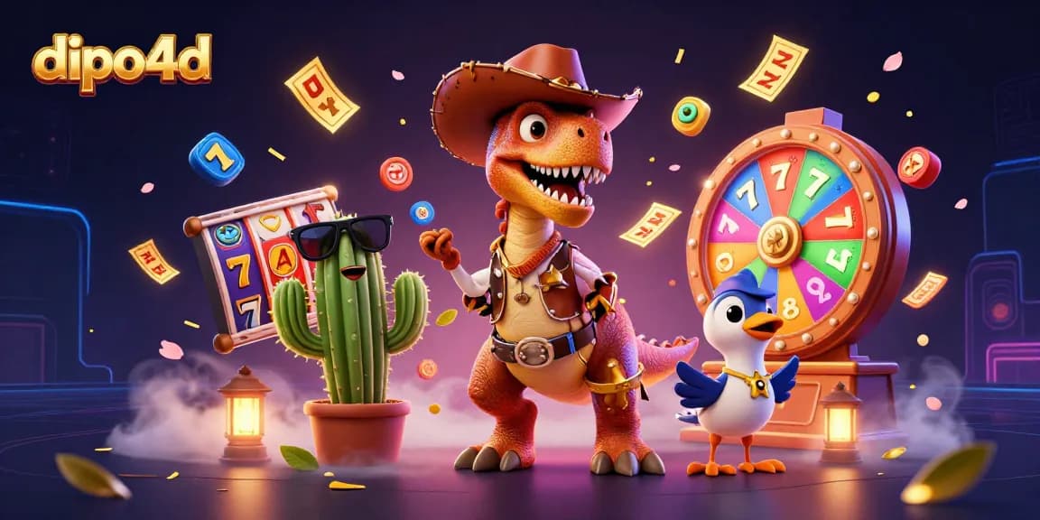 Spin the slots at dipo4d, featuring engaging characters amidst vibrant casino elements.