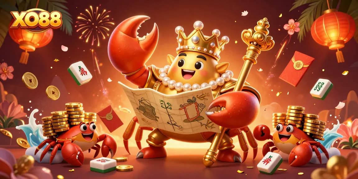 Engage with XO88's vibrant 3D casino world featuring a golden crab emperor and treasure-filled elements.