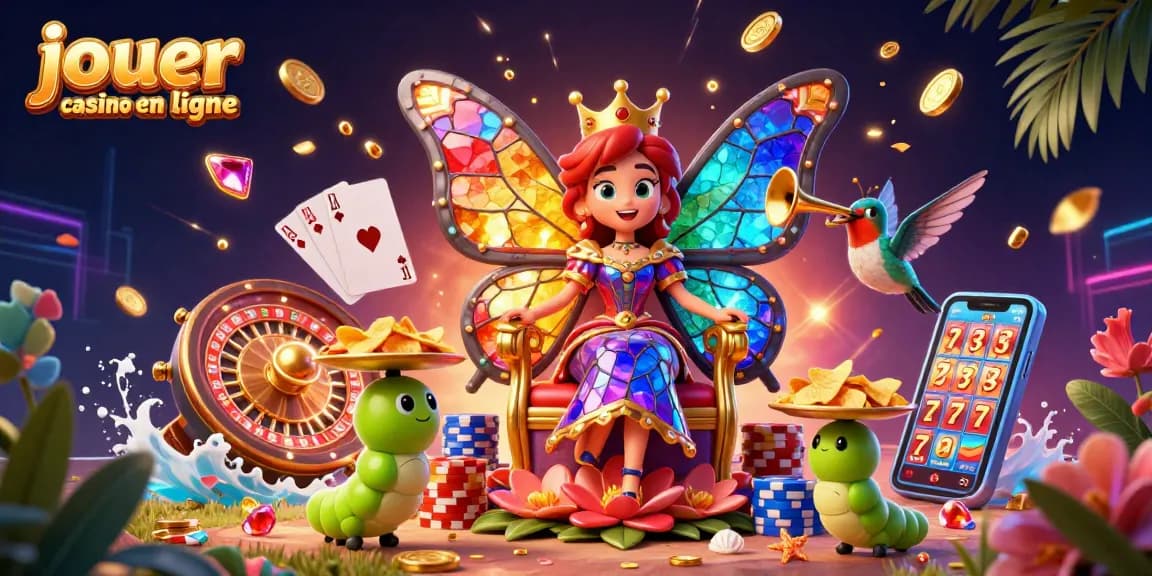 Jouer au casino en ligne avec des personnages de la reine papillon et des éléments de casino scintillants.