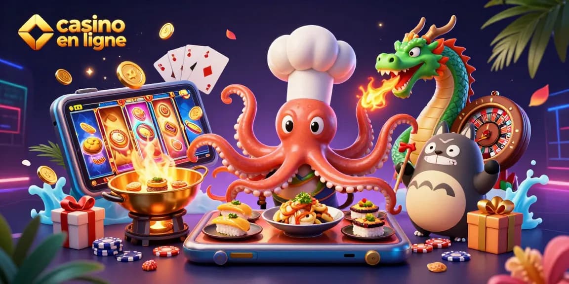 Jeux excitants de casino en ligne avec un chef sushi, un dragon et un client.