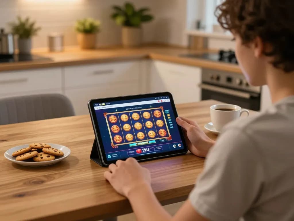 Player enjoys thrilling BK8 online casino experience on tablet at home, surrounded by snacks and warm lighting.