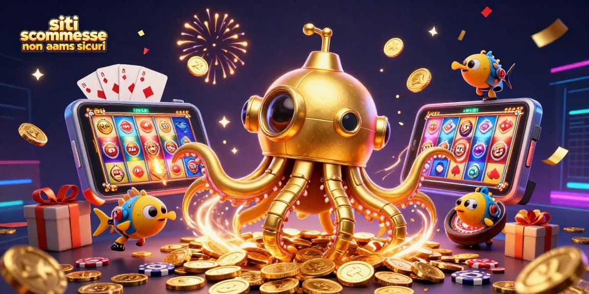 Immagine vibrante sui siti scommesse non AAMS sicuri con un kraken e elementi di gioco inclusi.